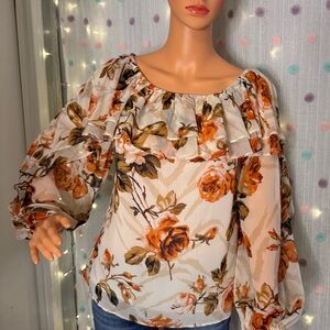 White House Black Market Cream Blouse with Orange Floral Ruffle